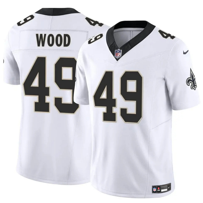Men's New Orleans Saints #49 Zach Wood White 2025 F.U.S.E Vapor Limited Stitched Football Jersey Men's New Orleans Saints #49 Zach Wood White 2025 F.U.S.E Vapor Limited Stitched Football Jersey