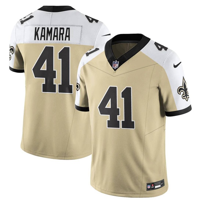 Men's New Orleans Saints #41 Alvin Kamara Gold White Alternate 2025 F.U.S.E. Vapor Limited Stitched Football Jersey Men's New Orleans Saints #41 Alvin Kamara Gold White Alternate 2025 F.U.S.E. Vapor Limited Stitched Football Jersey