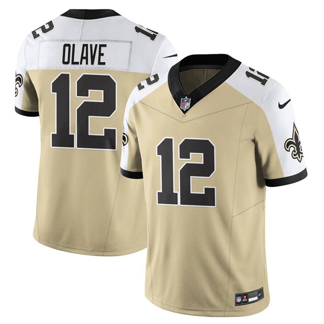 Men's New Orleans Saints #12 Chris Olave Gold White Alternate 2025 F.U.S.E. Vapor Limited Stitched Football Jersey Men's New Orleans Saints #12 Chris Olave Gold White Alternate 2025 F.U.S.E. Vapor Limited Stitched Football Jersey