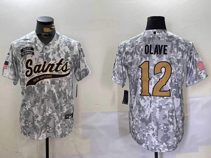 Men's New Orleans Saints Team #12 Chris Olave 2024 Arctic Camo Salute To Service Stitched Baseball Jersey Men's New Orleans Saints Team #12 Chris Olave 2024 Arctic Camo Salute To Service Stitched Baseball Jersey