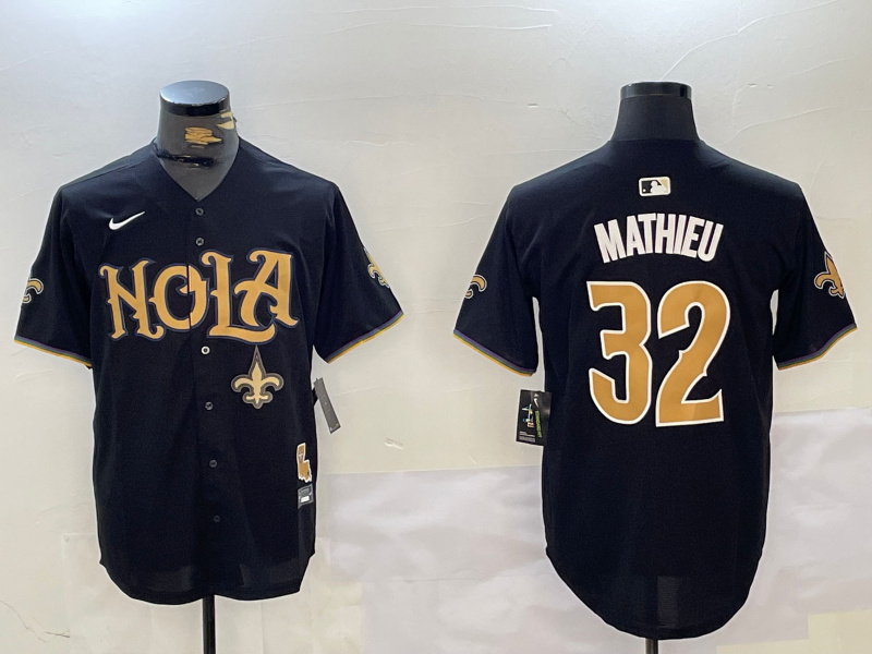 Men's New Orleans Saints #32 Tyrann Mathieu Black Cool Base Stitched Baseball Jersey 2 Men's New Orleans Saints #32 Tyrann Mathieu Black Cool Base Stitched Baseball Jersey 2