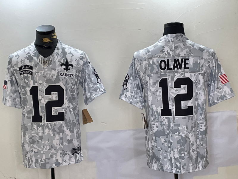 Men's New Orleans Saints #12 Chris Olave 2024 F.U.S.E Arctic Camo Salute To Service Limited Stitched Football Jersey Men's New Orleans Saints #12 Chris Olave 2024 F.U.S.E Arctic Camo Salute To Service Limited Stitched Football Jersey