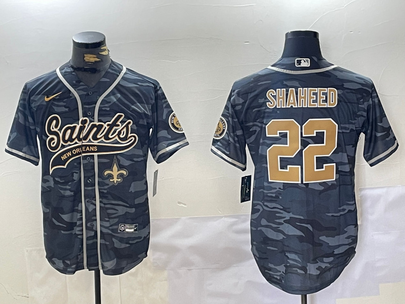 Men's New Orleans Saints #22 Rashid Shaheed Grey Camo With Patch Cool Base Stitched Baseball Jersey 2 Men's New Orleans Saints #22 Rashid Shaheed Grey Camo With Patch Cool Base Stitched Baseball Jersey 2