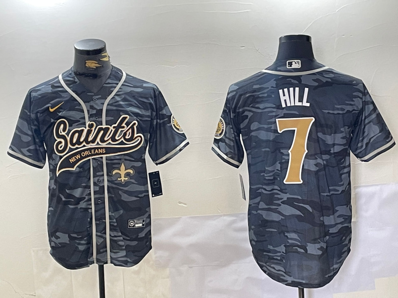 Men's New Orleans Saints #7 Taysom Hill Grey Camo With Patch Cool Base Stitched Baseball Jersey 2 Men's New Orleans Saints #7 Taysom Hill Grey Camo With Patch Cool Base Stitched Baseball Jersey 2