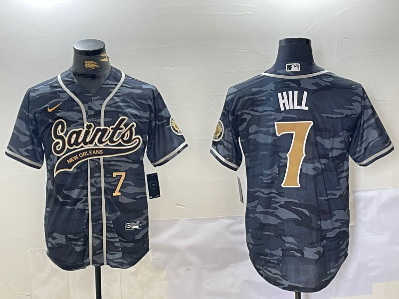 Men's New Orleans Saints #7 Taysom Hill Grey Camo With Patch Cool Base Stitched Baseball Jersey 1 Men's New Orleans Saints #7 Taysom Hill Grey Camo With Patch Cool Base Stitched Baseball Jersey 1