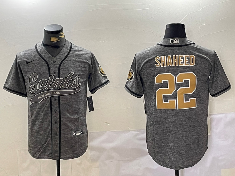Men's New Orleans Saints #22 Rashid Shaheed Grey With Patch Cool Base Stitched Baseball Jersey Men's New Orleans Saints #22 Rashid Shaheed Grey With Patch Cool Base Stitched Baseball Jersey