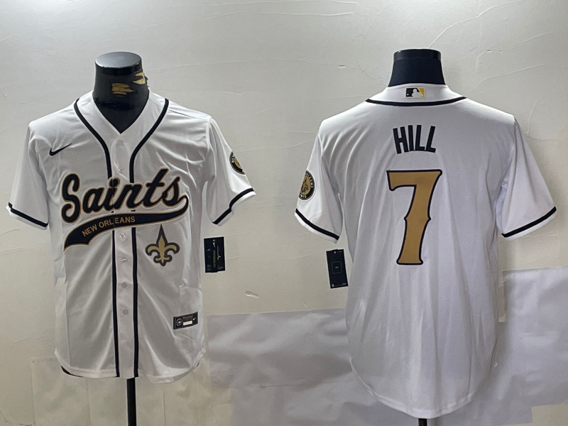 Men's New Orleans Saints #7 Taysom Hill White With Patch Cool Base Stitched Baseball Jersey 2 Men's New Orleans Saints #7 Taysom Hill White With Patch Cool Base Stitched Baseball Jersey 2
