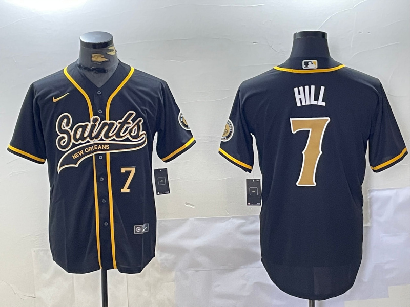 Men's New Orleans Saints #7 Taysom Hill Black With Patch Cool Base Stitched Baseball Jersey 1 Men's New Orleans Saints #7 Taysom Hill Black With Patch Cool Base Stitched Baseball Jersey 1