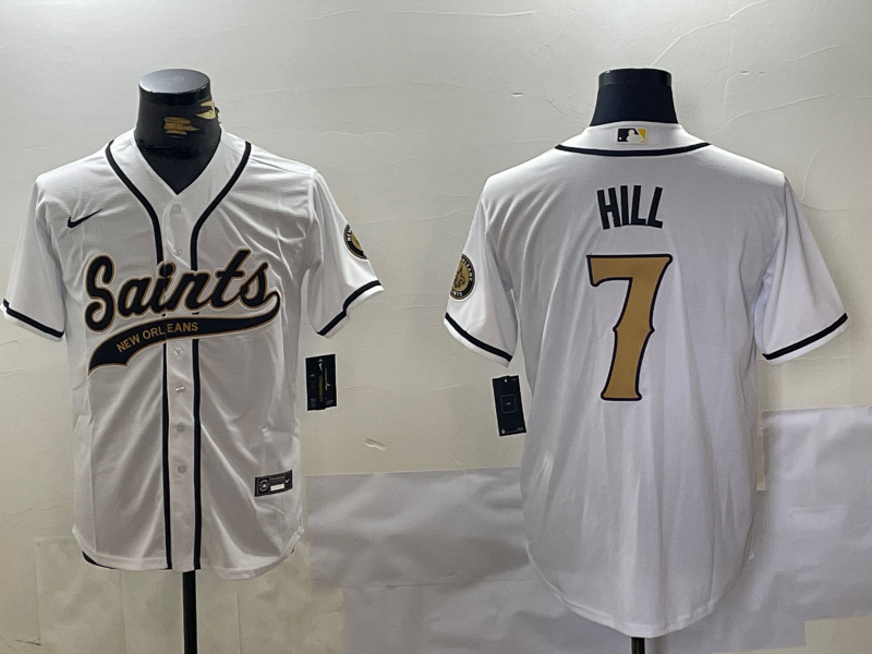 Men's New Orleans Saints #7 Taysom Hill White With Patch Cool Base Stitched Baseball Jersey Men's New Orleans Saints #7 Taysom Hill White With Patch Cool Base Stitched Baseball Jersey