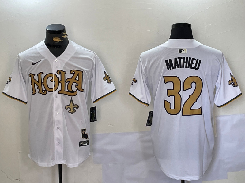 Men's New Orleans Saints #32 Tyrann Mathieu White Cool Base Stitched Baseball Jersey 7 Men's New Orleans Saints #32 Tyrann Mathieu White Cool Base Stitched Baseball Jersey 7