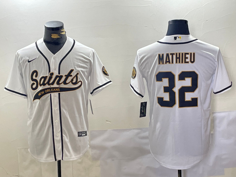 Men's New Orleans Saints #32 Tyrann Mathieu White Cool Base Stitched Baseball Jersey 2 Men's New Orleans Saints #32 Tyrann Mathieu White Cool Base Stitched Baseball Jersey 2