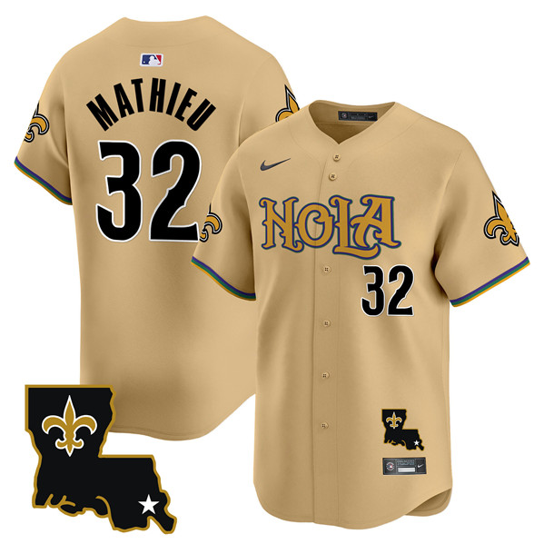 Men's New Orleans Saints #32 Tyrann Mathieu Gold Cool Base Stitched Baseball Jersey Men's New Orleans Saints #32 Tyrann Mathieu Gold Cool Base Stitched Baseball Jersey