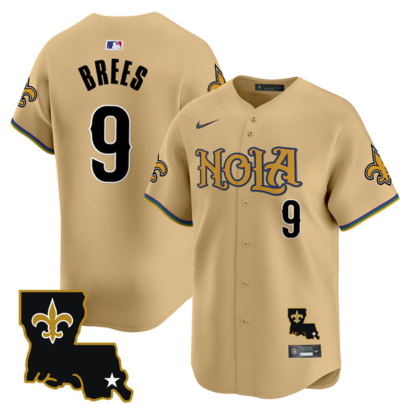 Men's New Orleans Saints #9 Drew Brees Gold Cool Base Stitched Baseball Jersey Men's New Orleans Saints #9 Drew Brees Gold Cool Base Stitched Baseball Jersey