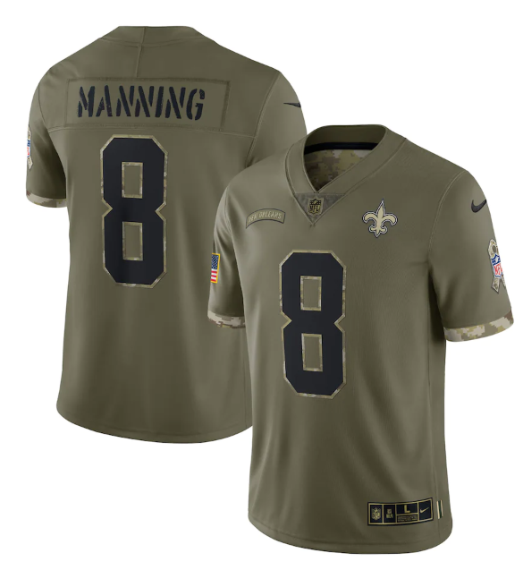 Men's New Orleans Saints #8 Archie Manning Olive 2022 Salute To Service Limited Stitched Jersey Men's New Orleans Saints #8 Archie Manning Olive 2022 Salute To Service Limited Stitched Jersey
