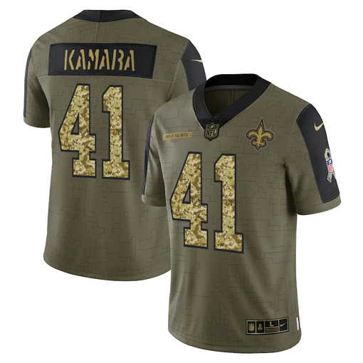 Men's New Orleans Saints #41 Alvin Kamara 2021 Olive Camo Salute To Service Limited Stitched Jersey Men's New Orleans Saints #41 Alvin Kamara 2021 Olive Camo Salute To Service Limited Stitched Jersey
