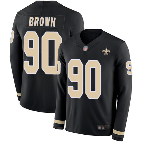 Saints #90 Malcom Brown Black Team Color Men's Stitched Football Limited Therma Long Sleeve Jersey