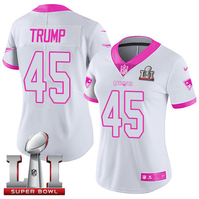 Nike Patriots #45 Donald Trump White Pink Super Bowl LI 51 Women's Stitched NFL Limited Rush Fashion Jersey
