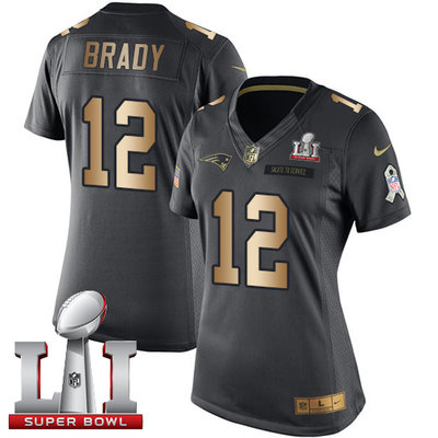 Nike Patriots #12 Tom Brady Black Super Bowl LI 51 Women's Stitched NFL Limited Gold Salute to Service Jersey Nike Patriots #12 Tom Brady Black Super Bowl LI 51 Women's Stitched NFL Limited Gold Salute to Service Jersey