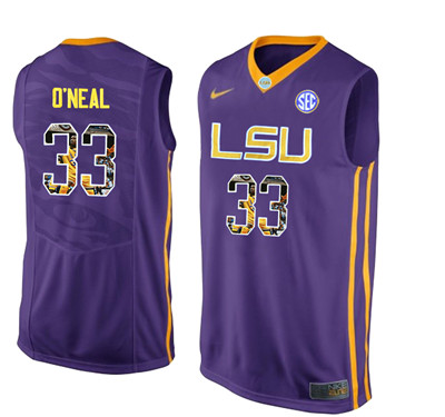 LSU Tigers 33 Shaquille O'Neal Purple With Portrait Print College Basketball Jersey2