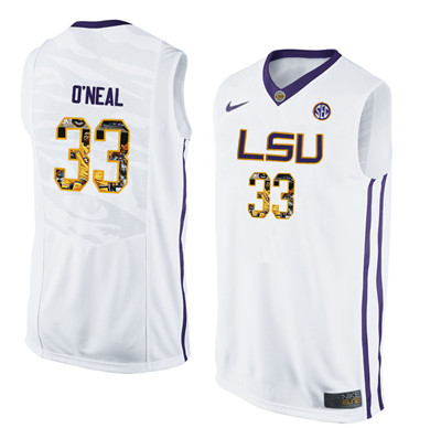 LSU Tigers 33 Shaquille O'Neal White With Portrait Print College Basketball Jersey2
