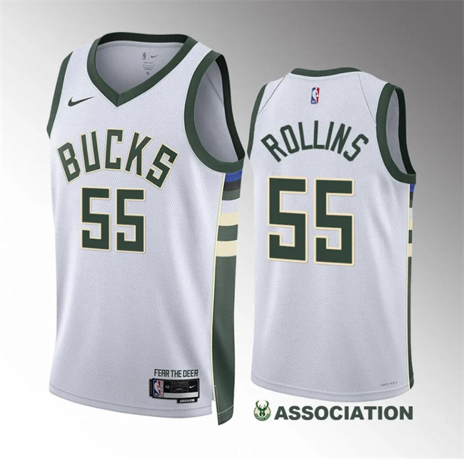 Men's Milwaukee Bucks #55 Ryan Rollins White Association Edition Stitched Basketball Jersey Men's Milwaukee Bucks #55 Ryan Rollins White Association Edition Stitched Basketball Jersey