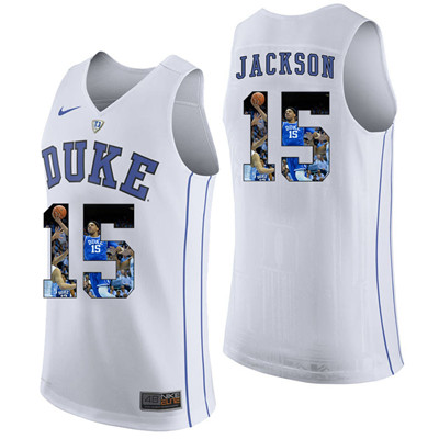 Duke Blue Devils 15 Frank Jackson White With Portrait Print College Basketball Jersey2