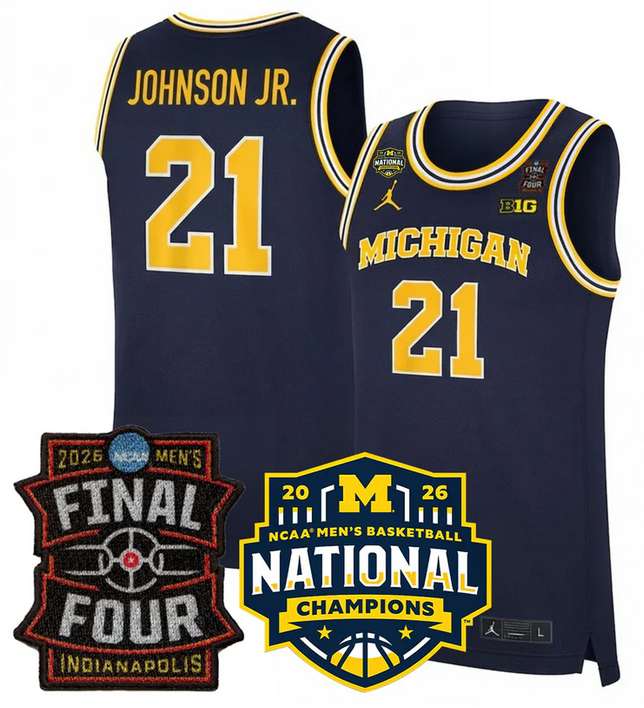 Men's Michigan Wolverines #21 Morez Johnson Jr. Navy 2025 26 Final Four & National Champions Patch Stitched Basketball Jersey Men's Michigan Wolverines #21 Morez Johnson Jr. Navy 2025 26 Final Four & National Champions Patch Stitched Basketball Jersey