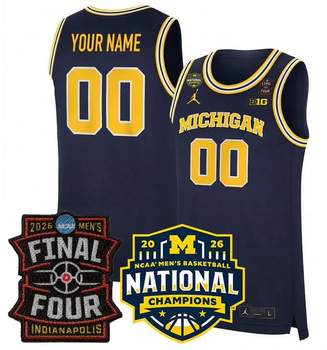 Men's Michigan Wolverines ACTIVE PLAYER Custom Navy 2025 26 Final Four & National Champions Patch Stitched Basketball Jersey