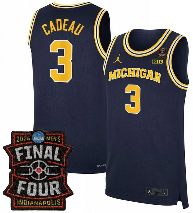 Men's Michigan Wolverines #3 Elliot Cadeau Navy 2025 26 With Final Four Patch Stitched Basketball Jersey