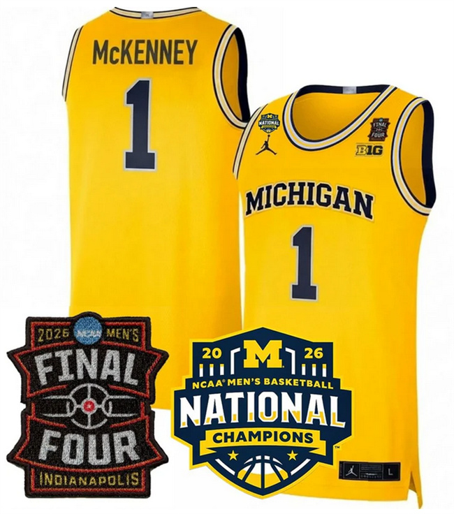 Men's Michigan Wolverines #1 Trey McKenney Yellow 2025 26 Final Four & National Champions Patch Stitched Basketball Jersey