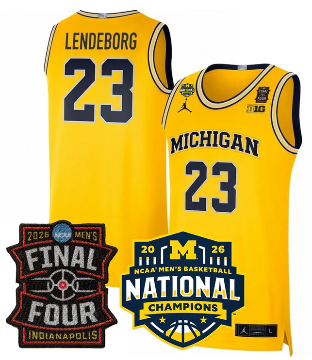 Men's Michigan Wolverines #23 Yaxel Lendeborg Yellow 2025 26 Final Four & National Champions Patch Stitched Basketball Jersey