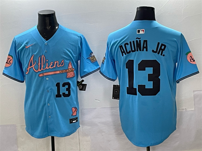Men's Atlanta Braves #13 Ronald Acu?a Jr. Blue 2024 Atliens & Peach With Outkast Patch Vapor Limited Stitched Baseball Jersey Men's Atlanta Braves #13 Ronald Acu?a Jr. Blue 2024 Atliens & Peach With Outkast Patch Vapor Limited Stitched Baseball Jersey