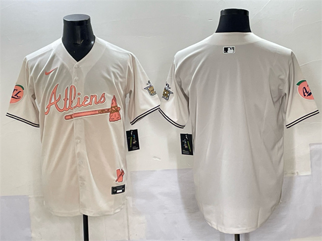 Men's Atlanta Braves Blank Cream 2024 Atliens & Peach With Outkast Patch Vapor Limited Stitched Baseball Jersey Men's Atlanta Braves Blank Cream 2024 Atliens & Peach With Outkast Patch Vapor Limited Stitched Baseball Jersey