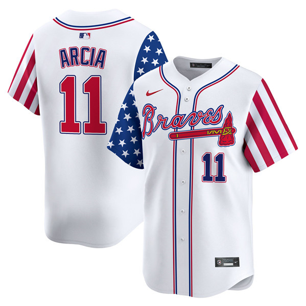 Men's Atlanta Braves #11 Orlando Arcia White 2024 Independence Day Vapor Limited Stitched Baseball Jersey Men's Atlanta Braves #11 Orlando Arcia White 2024 Independence Day Vapor Limited Stitched Baseball Jersey