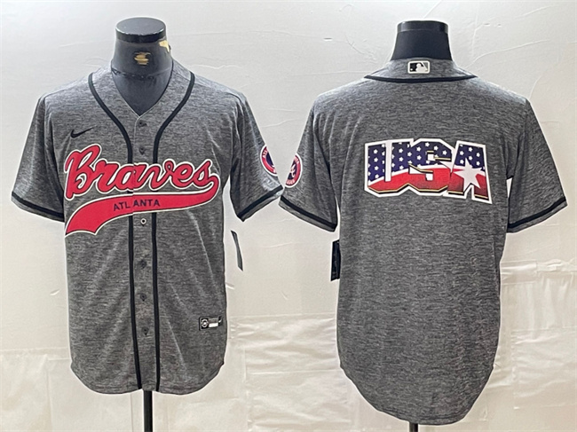 Men's Atlanta Braves Gray Team Big Logo Cool Base With Patch Stitched Baseball Jersey 1