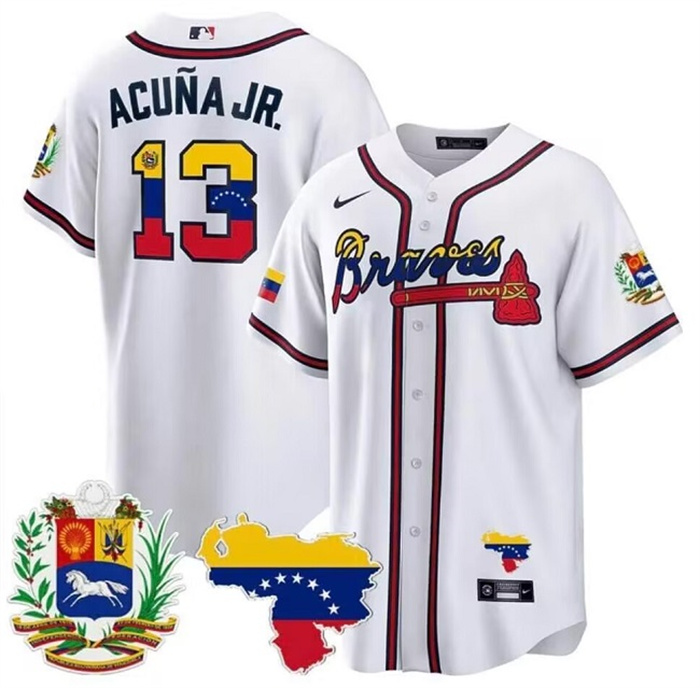 Men's Atlanta Braves #13 Ronald Acu?a Jr. 2023 White With Patch Cool Base Stitched Jersey Men's Atlanta Braves #13 Ronald Acu?a Jr. 2023 White With Patch Cool Base Stitched Jersey