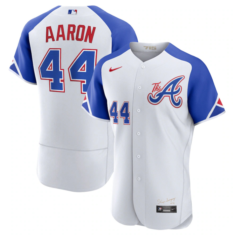 Men's Atlanta Braves #44 Hank Aaron White 2023 City Connect Flex Base Stitched Jersey Men's Atlanta Braves #44 Hank Aaron White 2023 City Connect Flex Base Stitched Jersey