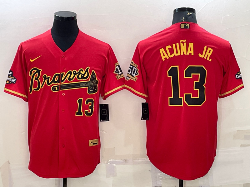 Men's Atlanta Braves #13 Ronald Acuna Jr. Red Gold Cool Base Stitched Baseball Jersey Men's Atlanta Braves #13 Ronald Acuna Jr. Red Gold Cool Base Stitched Baseball Jersey