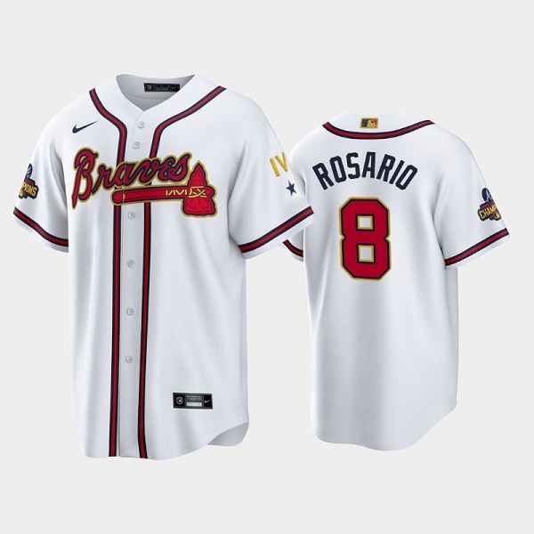 Men's Atlanta Braves #8 Eddie Rosario 2022 White Gold World Series Champions Program Cool Base Stitched Baseball Jersey Men's Atlanta Braves #8 Eddie Rosario 2022 White Gold World Series Champions Program Cool Base Stitched Baseball Jersey