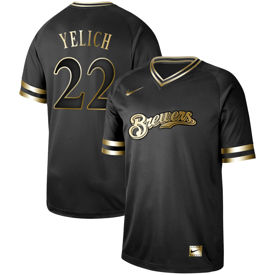Brewers 22 Christian Yelich Black Gold Nike Cooperstown Collection Legend V Neck Jersey Brewers 22 Christian Yelich Black Gold Nike Cooperstown Collection Legend V Neck Jersey