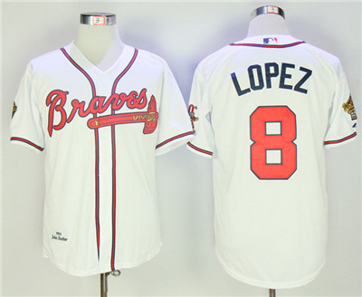 Braves 8 Javier Lopez White Throwback Jersey