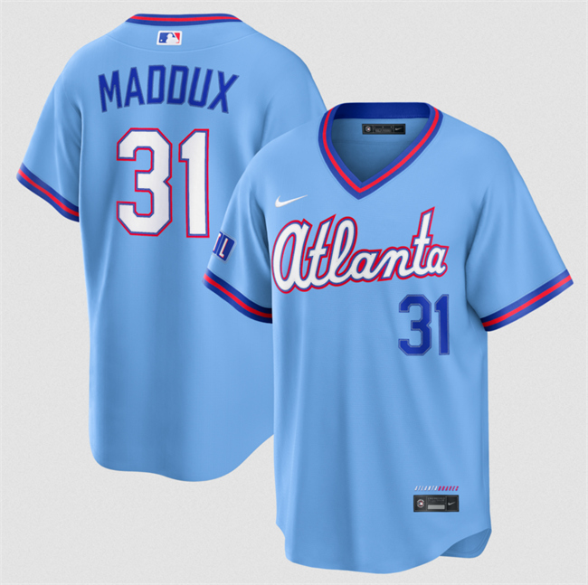 Men's Atlanta Braves #31 Greg Maddux Powder Blue 2026 City Connect Stadium Stitched Baseball Jersey Men's Atlanta Braves #31 Greg Maddux Powder Blue 2026 City Connect Stadium Stitched Baseball Jersey