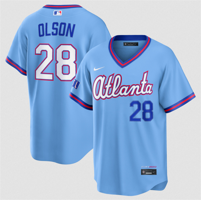 Men's Atlanta Braves #28 Matt Olson Powder Blue 2026 City Connect Stadium Stitched Baseball Jersey Men's Atlanta Braves #28 Matt Olson Powder Blue 2026 City Connect Stadium Stitched Baseball Jersey