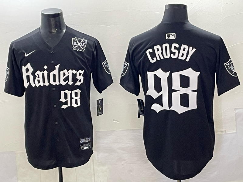 Men's Las Vegas Raiders #98 Maxx Crosby Black 'Gothic Sin City Shadows Edition' With 65th Anniversary Patch Vapor Limited Stitched Baseball Jersey Men's Las Vegas Raiders #98 Maxx Crosby Black 'Gothic Sin City Shadows Edition' With 65th Anniversary Patch Vapor Limited Stitched Baseball Jersey