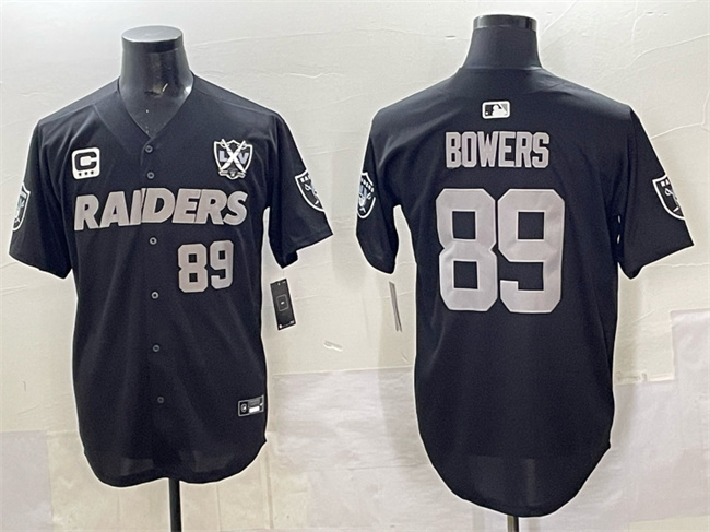 Men's Las Vegas Raiders #89 Brock Bowers Black With Nevada Silver Stat Patch And 65th Anniversary Patch 3-Star C Patch Stitched Baseball Jersey