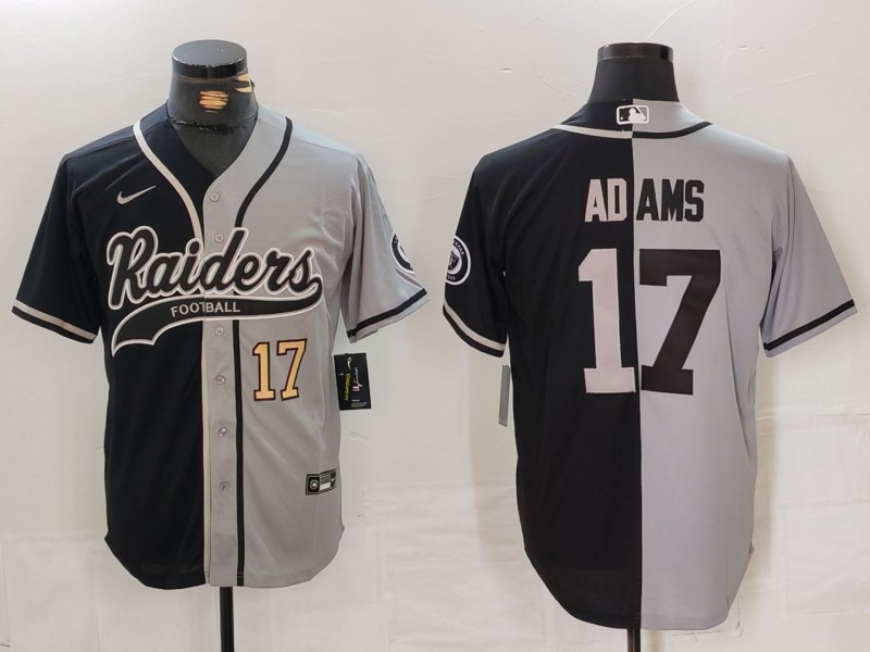 Men's Las Vegas Raiders #17 Davante Adams Grey Black Split Cool Base Stitched Baseball Jersey 1 Men's Las Vegas Raiders #17 Davante Adams Grey Black Split Cool Base Stitched Baseball Jersey 1