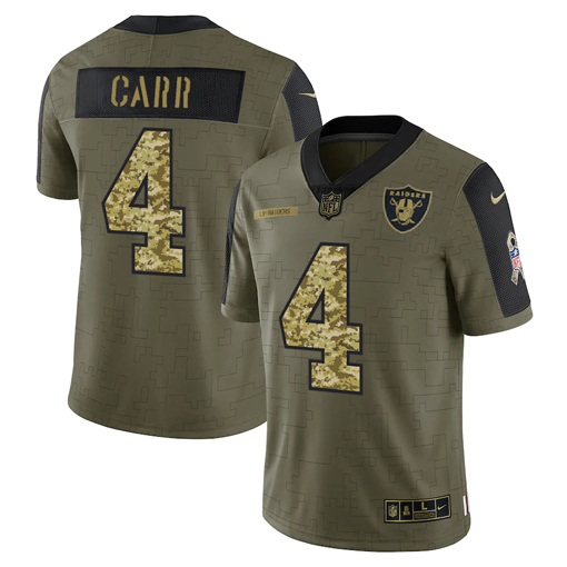 Men's Las Vegas Raiders #4 Derek Carr 2021 Olive Camo Salute To Service Limited Stitched Jersey Men's Las Vegas Raiders #4 Derek Carr 2021 Olive Camo Salute To Service Limited Stitched Jersey