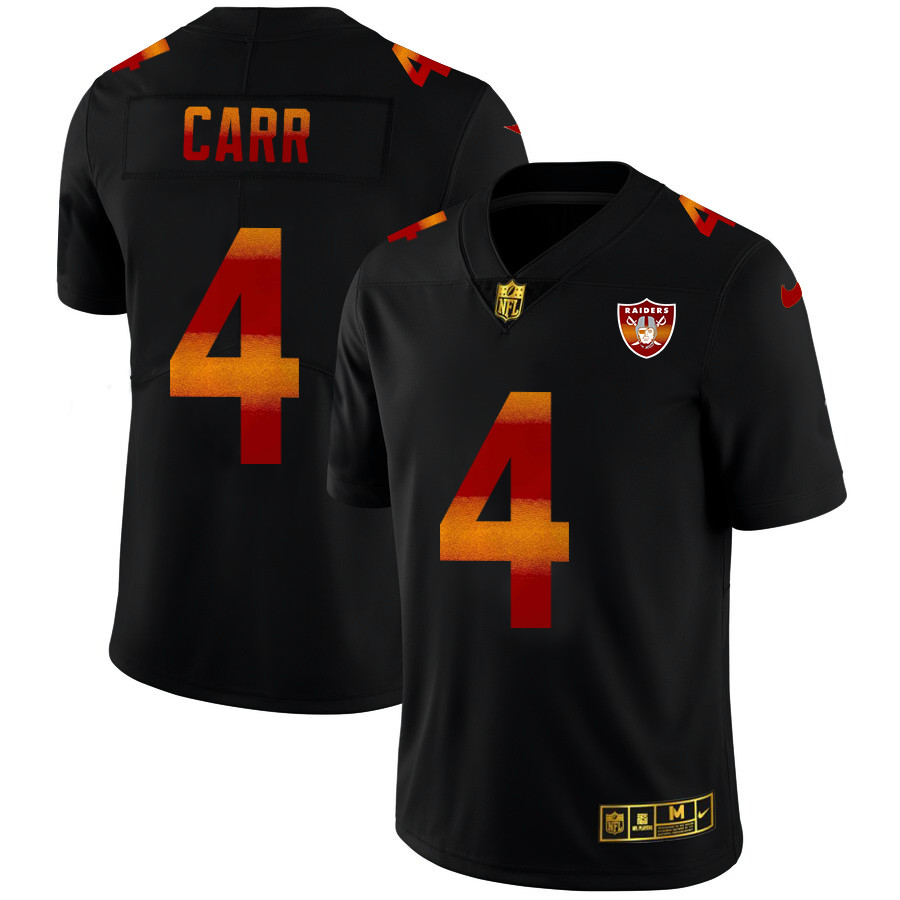 Las Vegas Raiders #4 Derek Carr Men's Black Nike Red Orange Stripe Vapor Limited NFL Jersey Las Vegas Raiders #4 Derek Carr Men's Black Nike Red Orange Stripe Vapor Limited NFL Jersey
