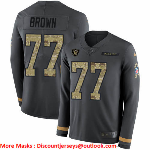 Nike Raiders #77 Trent Brown Anthracite Salute to Service Men's Stitched NFL Limited Therma Long Sleeve Jersey