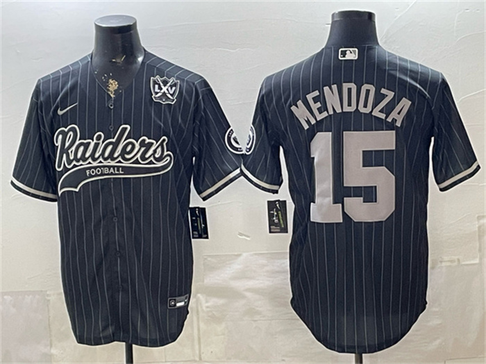 Men's Las Vegas Raiders #15 Fernando Mendoza Black 65th Anniversary Patch Cool Base Stitched Baseball Jersey